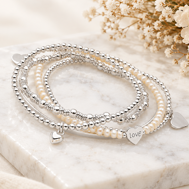 Love Hearts Bracelet Stack (White Pearl)
