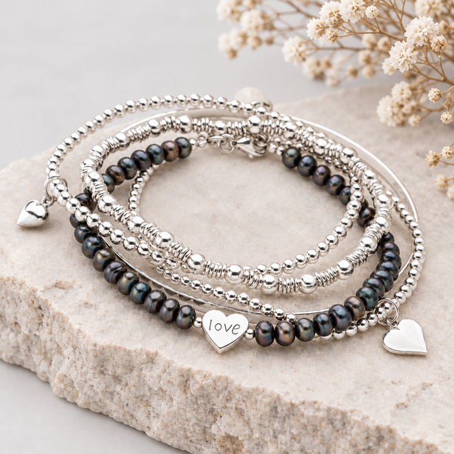 Love Heart Bracelet Stack (Black Pearl)