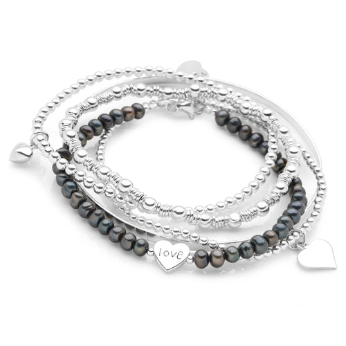 Love Heart Bracelet Stack (Black Pearl)