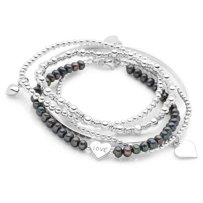 Love Heart Bracelet Stack (Black Pearl)