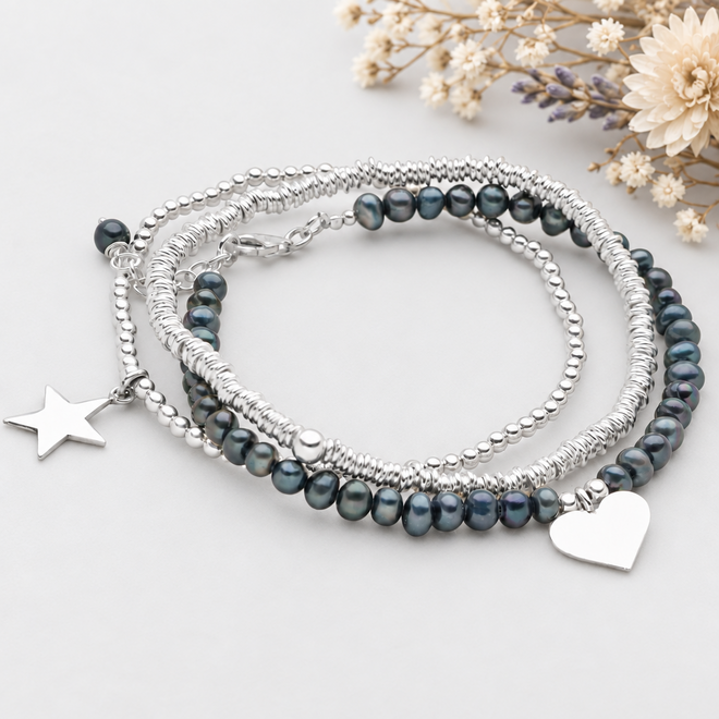 Black Pearl Charm Bracelet Stack