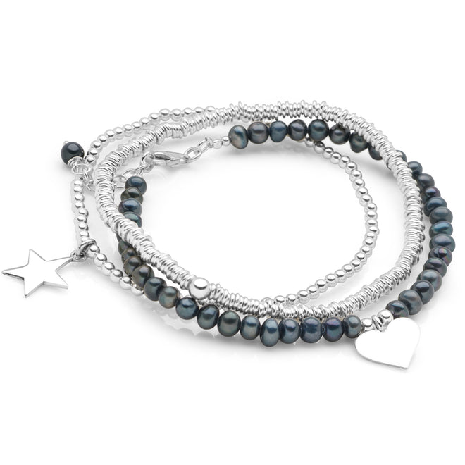 Black Pearl Charm Bracelet Stack