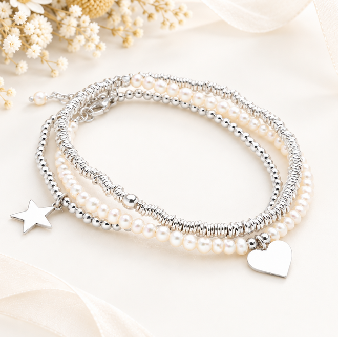 White Pearl Charm Stack Bracelets