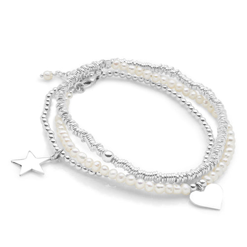 White Pearl Charm Stack Bracelets