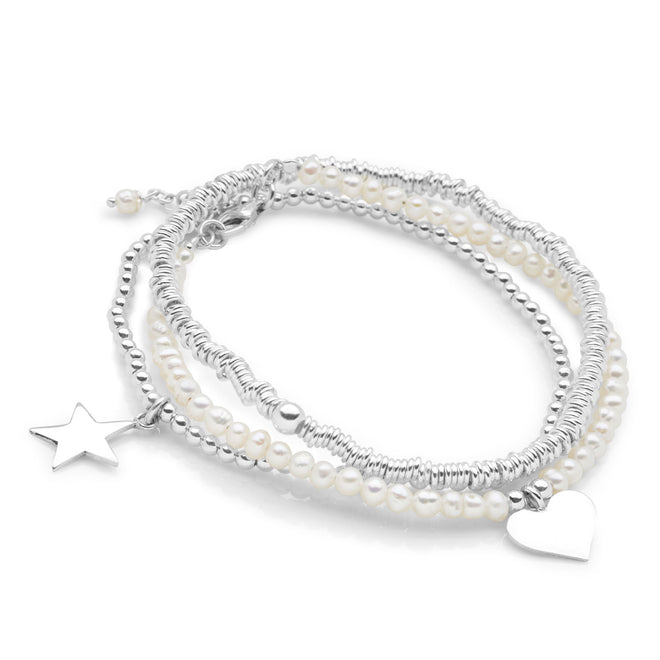 White Pearl Charm Stack Bracelets