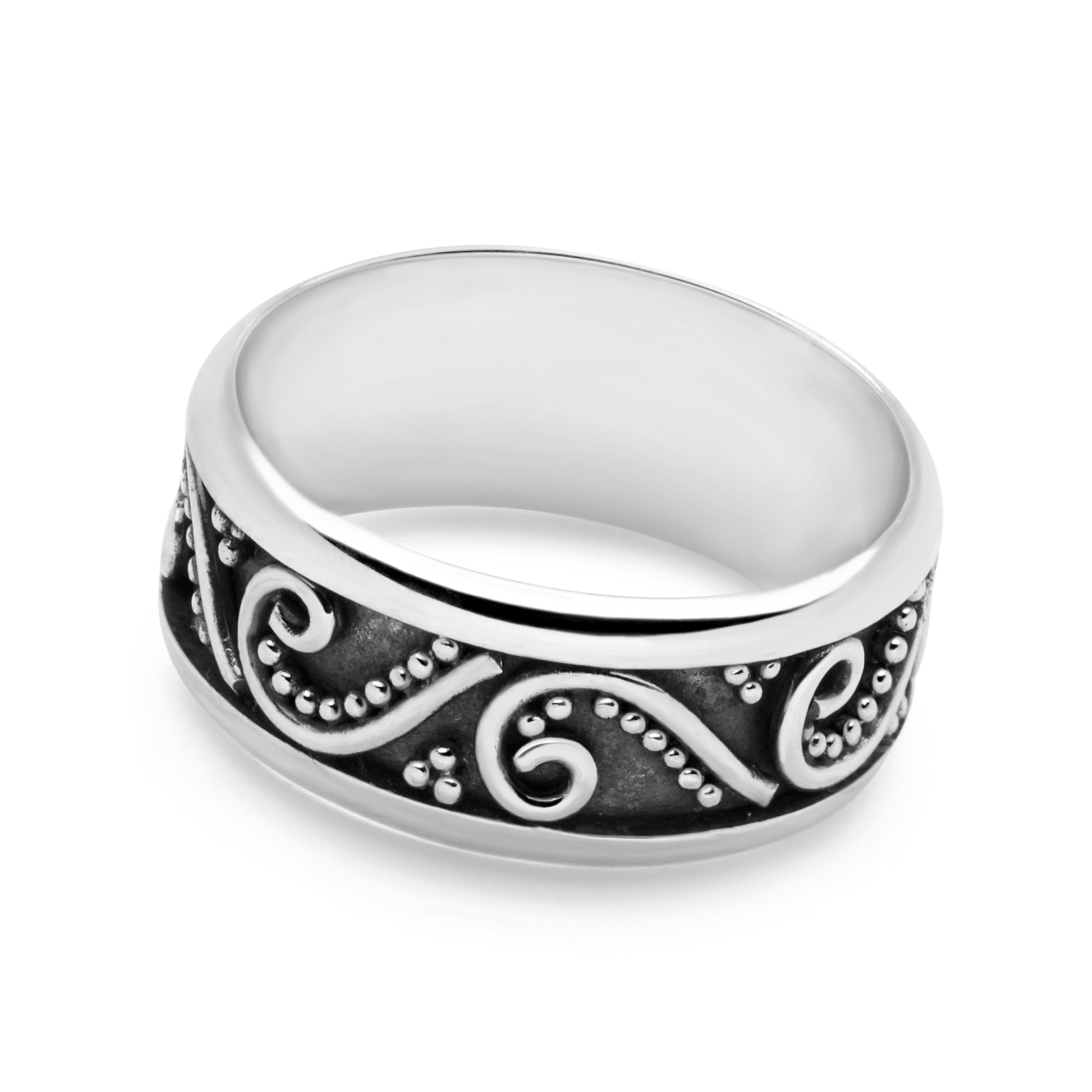 .925 Sterling Silver Bali Bead Stacking Ring – Oxidized Band, Sizes 4-10