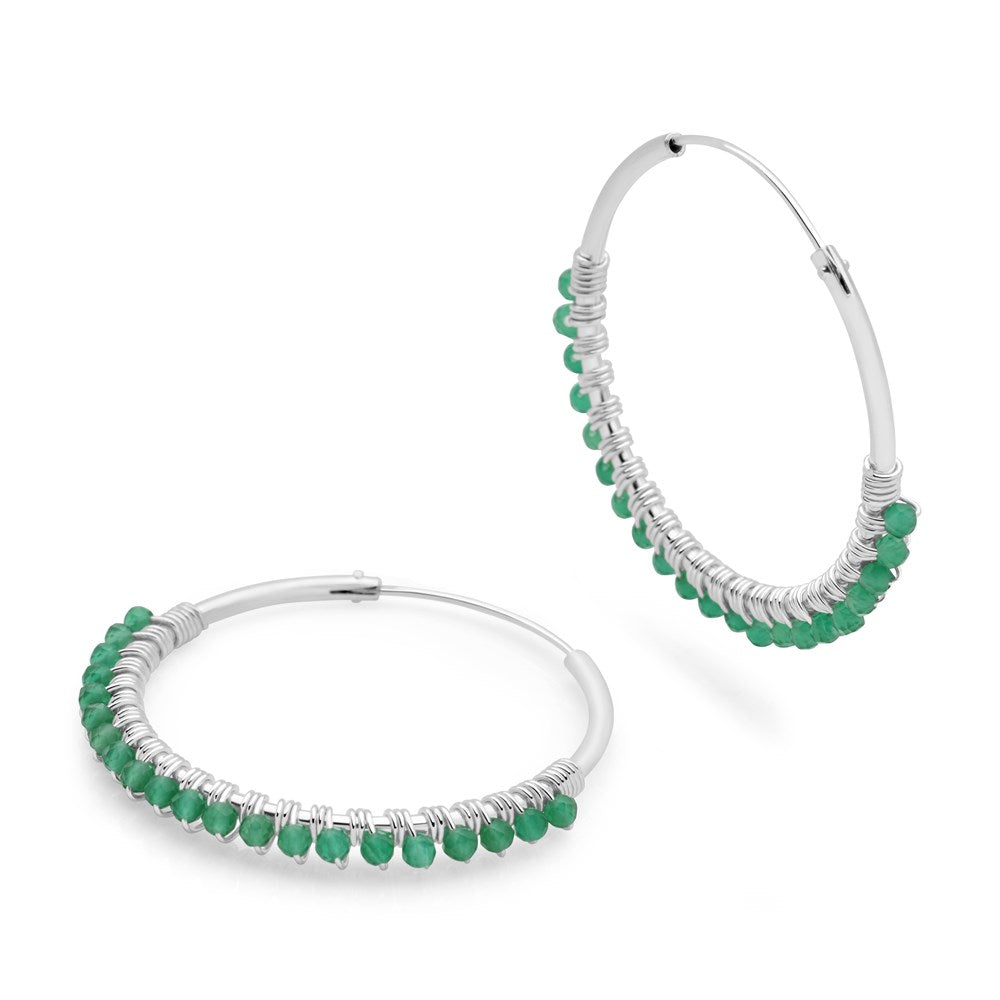 Green Agate Hoops Silver Earrings E5492 Silver by Mail